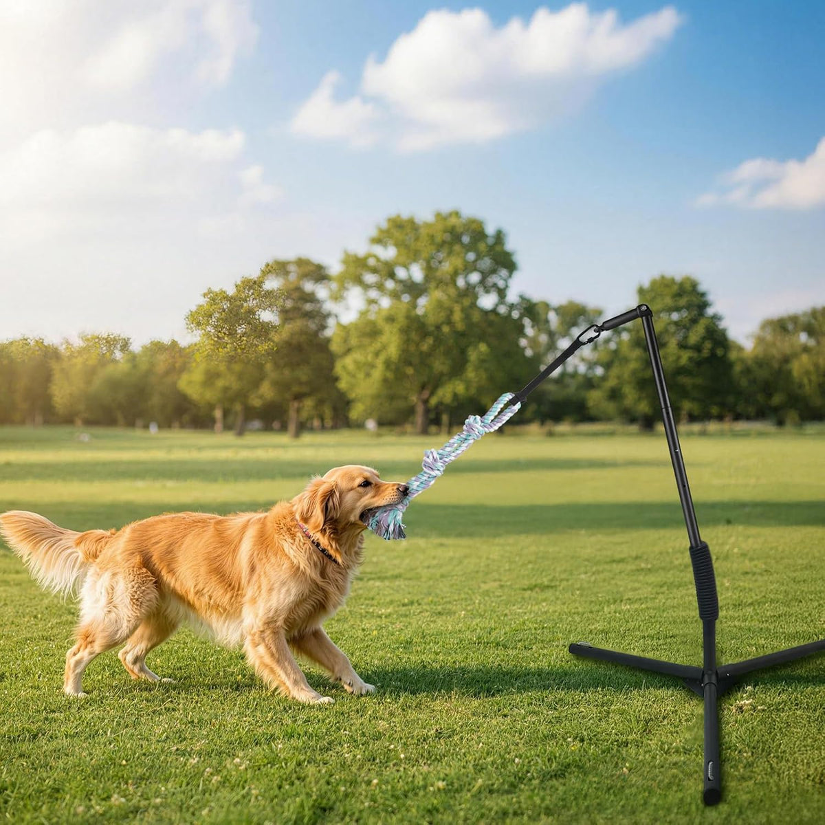 Outdoor Tug of War Dog Toy with Reinforced Tripod Base - Heavy Duty Iron 360° Interactive Tether Tug Toy for Backyard Solo Play - Adjustable Spring Pole Rope System for All Breeds