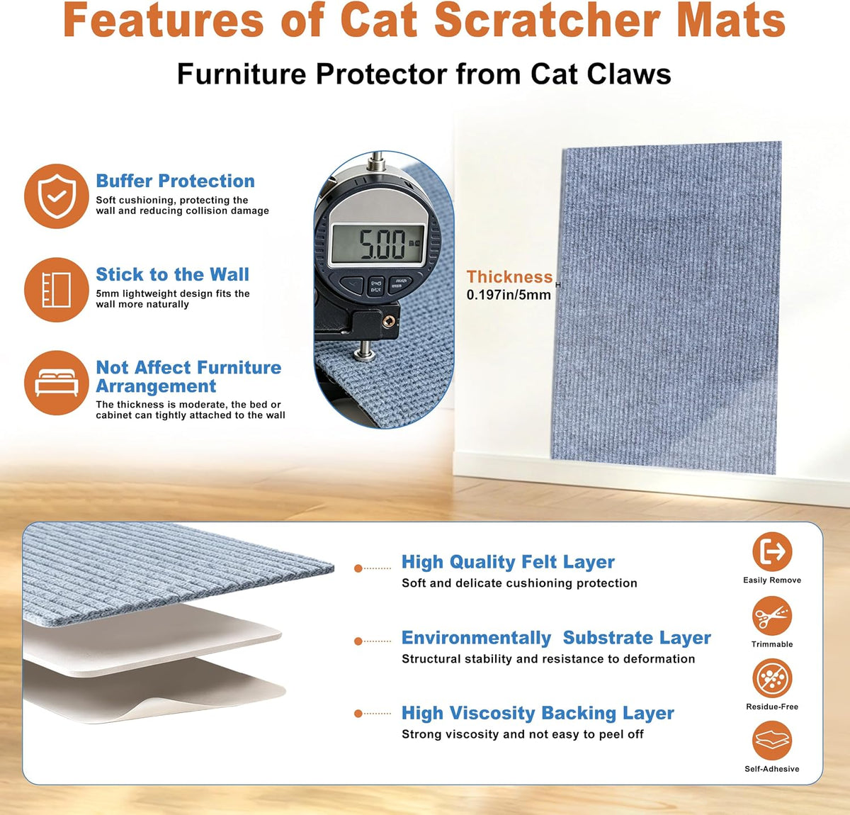 Self-Adhesive Cat Scratching Mat, Trimmable Cat Scratcher Carpet Furniture Protector Pads for Sofa, Door, Cat Climbing Wall Scratch Mat, Couch Guards Pad from Cats Claws, 6PCS 11.8*11.8" (Light Grey)