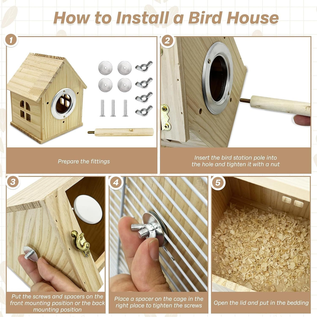 PINVNBY Parakeet Nesting Box Wooden Bird House for Cage Parrot Breeding Mating Box for Lovebirds Cockatiel Finch Cockatoo Canary and Small and Medium-Sized Birds (M: 7.91 * 6.3 * 5.82 inch)