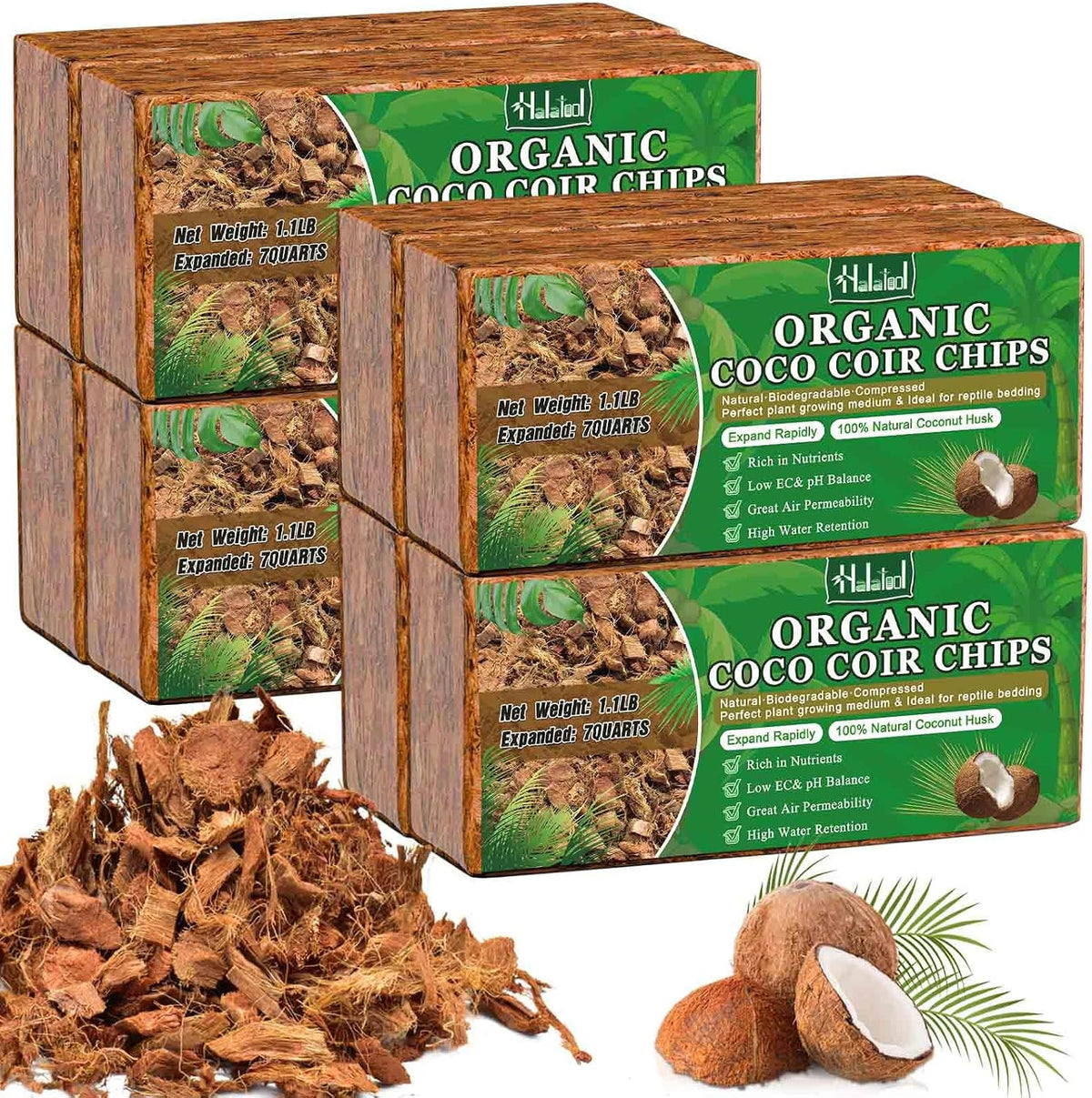 Halatool 6 Pcs Coco Husk Chips for Plants - 6.6 LB 100% Organic Coconut Coir Chips with Low EC and pH Balanced, Compressed Coco Substrate Growing Mulch Medium for Landscaping, Herbs, Plants, Flowers