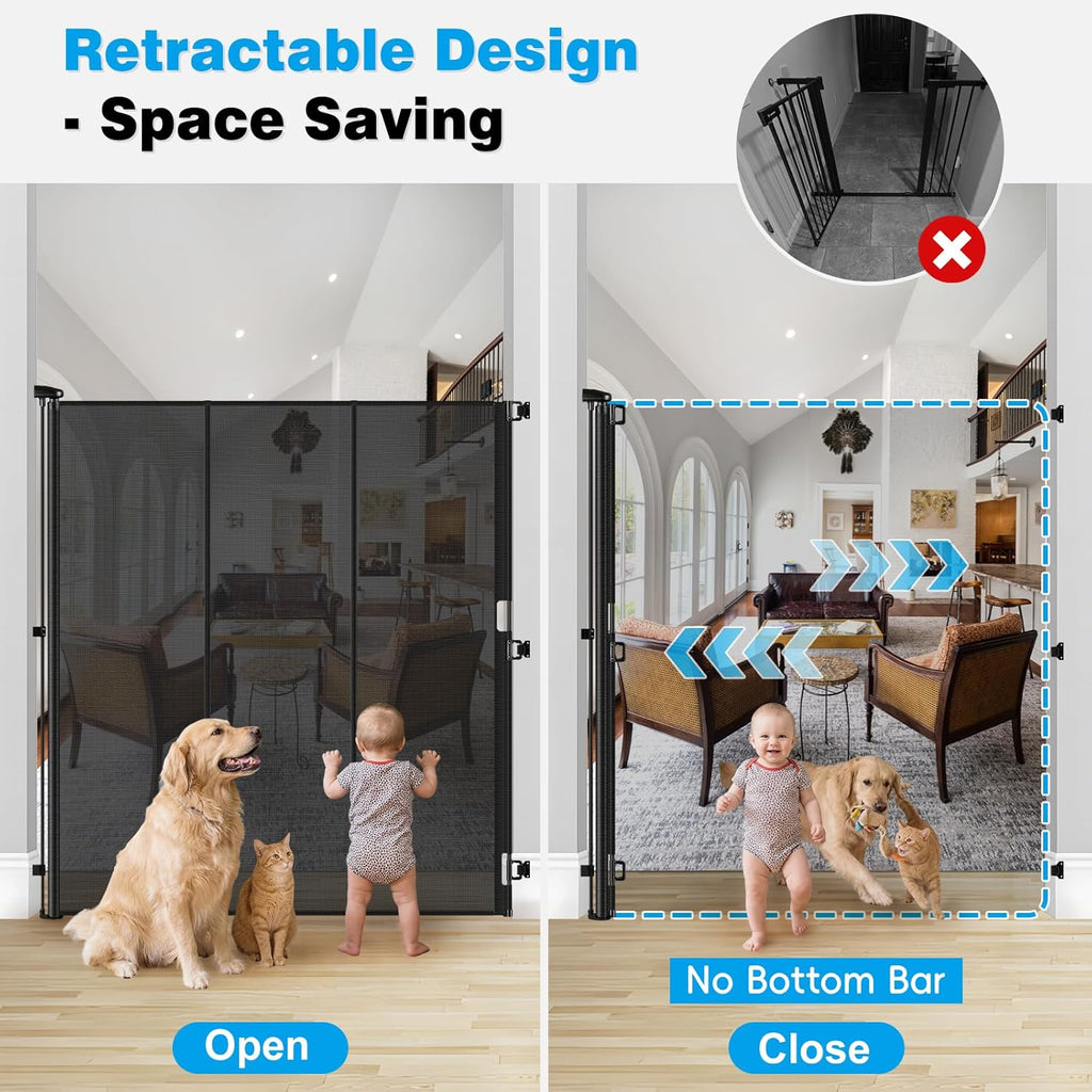 Reinforced 65" Extra Tall Pet Gate for Doorway, Jump-Resistant & Prevent Crawling Underneath Retractable Baby Gates Extra Tall, 0-55" W Retractable Dog Gate for Pet, Dogs, Cats, Puppies, Babies, Black