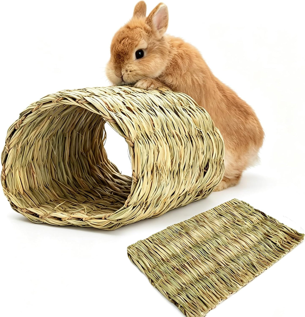 Hamiledyi Rabbit Grass Tunnel,Rabbit Grass Bed Natural Straw Woven Mat Winter Warm Hideaway Hut for Bunny Gerbil Ferrets Chinchilla Guinea Pig