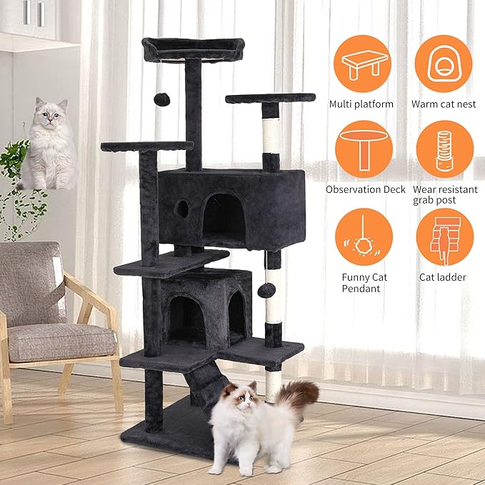 BestPet | 54" Cat Tree Tower | Dark Gray | Sturdy, Hanging Cat Toys, - Image 5