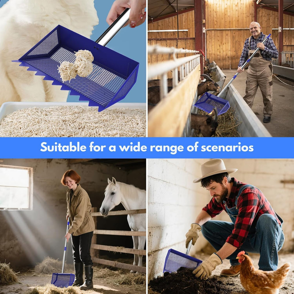 Chicken Poop Scooper Rake 2-in-1,304 Stainless Steel Shovel Head, Chicken Litter Scoop with Handle for Chicken Coop for Sand, Pet Waste Cleaning, Litter Sifting Shovel (35 to 65") (Blue, 10inch)