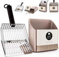 Cat Litter Scooper with Holder, Metal Litter Scoop Includes Portable Small Broom and Dustpan Set, Heavy Duty Stainless Steel Litter Scoop with Coarse and Fine Grid, Quick Sift and Easy Clean