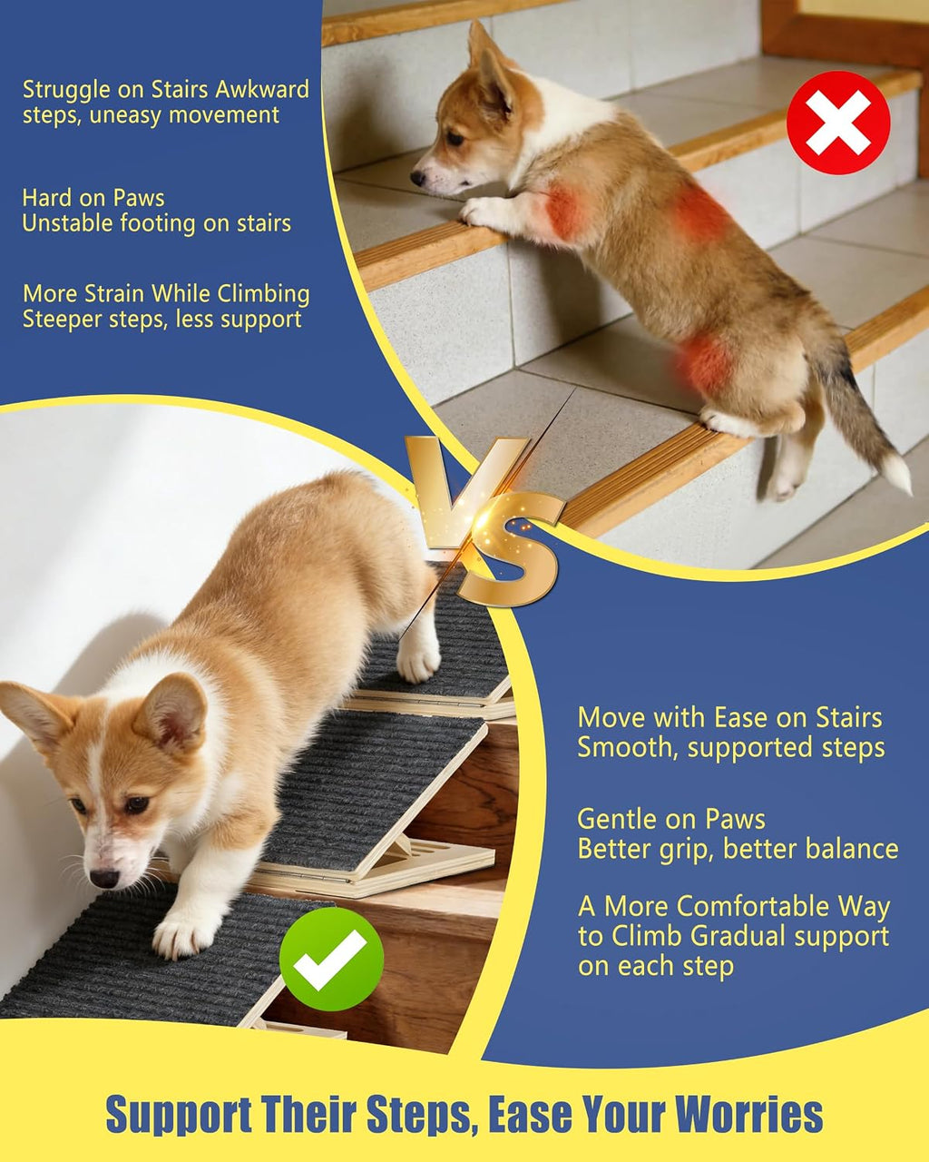Dog Ramp for Stairs, 2 Pack Wooden Dog Stair Ramps for Small Dogs Only, Foldable Non-Slip Pet Ramp for Indoor Stairs, Adjustable Step Support for Senior, Short-Legged & Small Pets