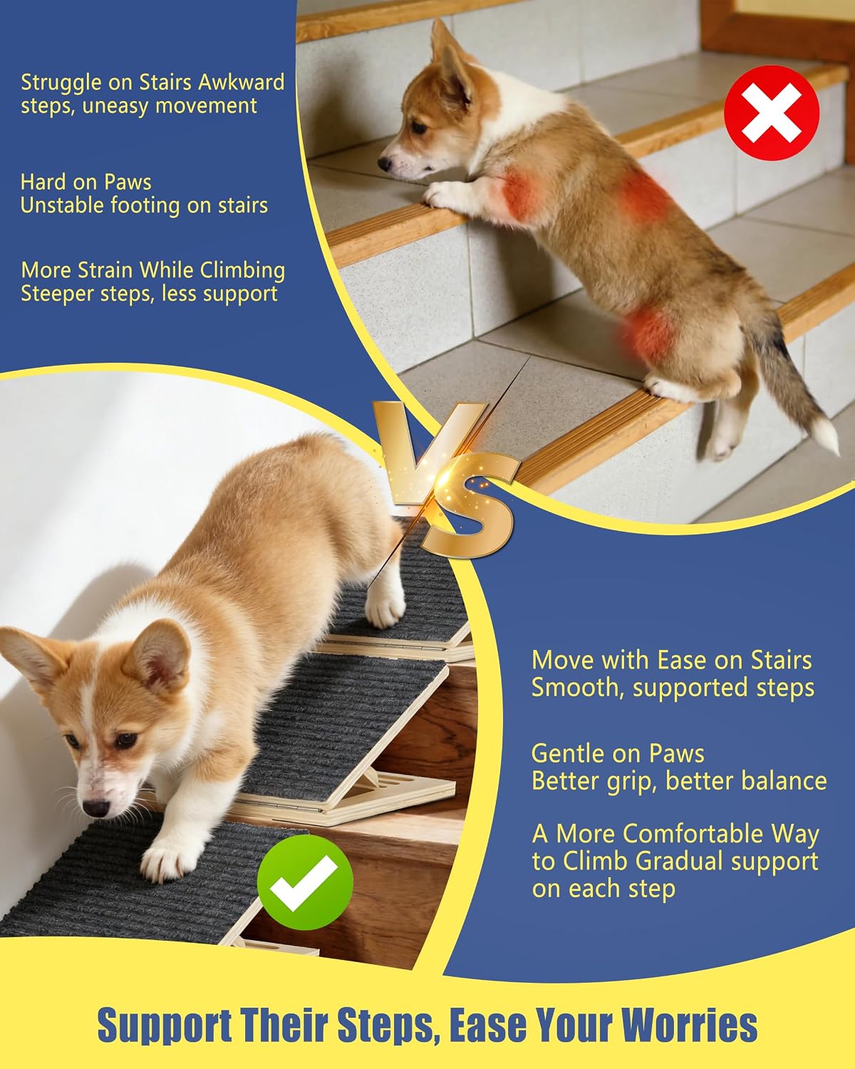 Dog Ramp for Stairs, 2 Pack Wooden Dog Stair Ramps for Small Dogs Only, Foldable Non-Slip Pet Ramp for Indoor Stairs, Adjustable Step Support for Senior, Short-Legged & Small Pets