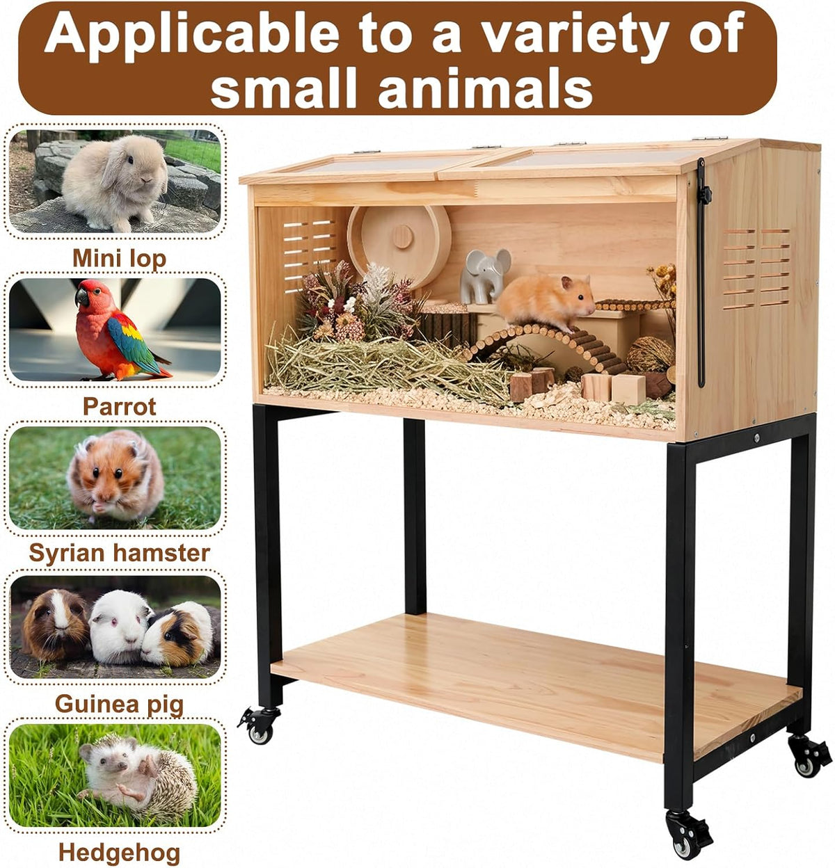 Wooden Hamster Cage with Storage Shelf, Large Hamster Cage, Pine, Guinea Pig Cages, 40.0" L x 20.0" W x 42.0" H Small Animal Cages with Stand & Wheels for Guinea Pig, Chinchilla, Rat, Bunny, etc.