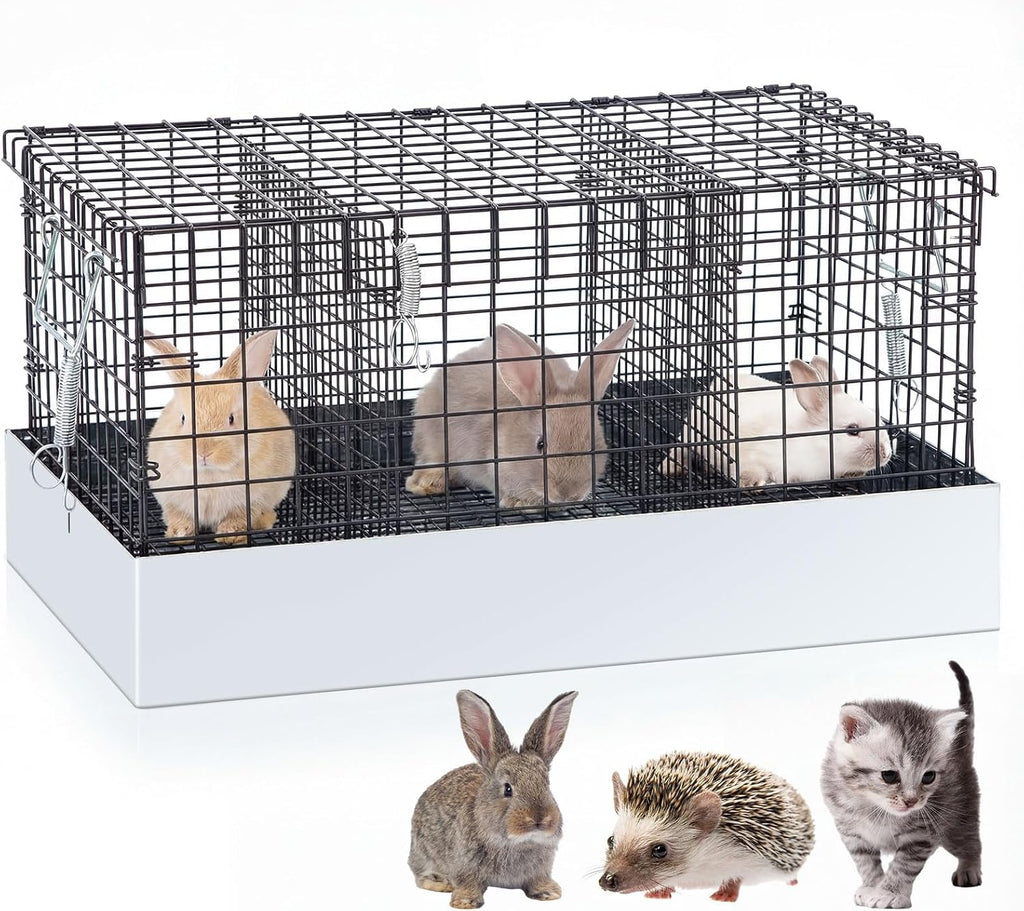 DoubleFill 1 Pack 3 Hole Folding Rabbit Transport Cage, 18 x 12 x 10 in Portable White Bunny Carrier with Tray and Handles for Travel Temporary Housing, Indoor Outdoor Pet Habitat Animal Enclosure