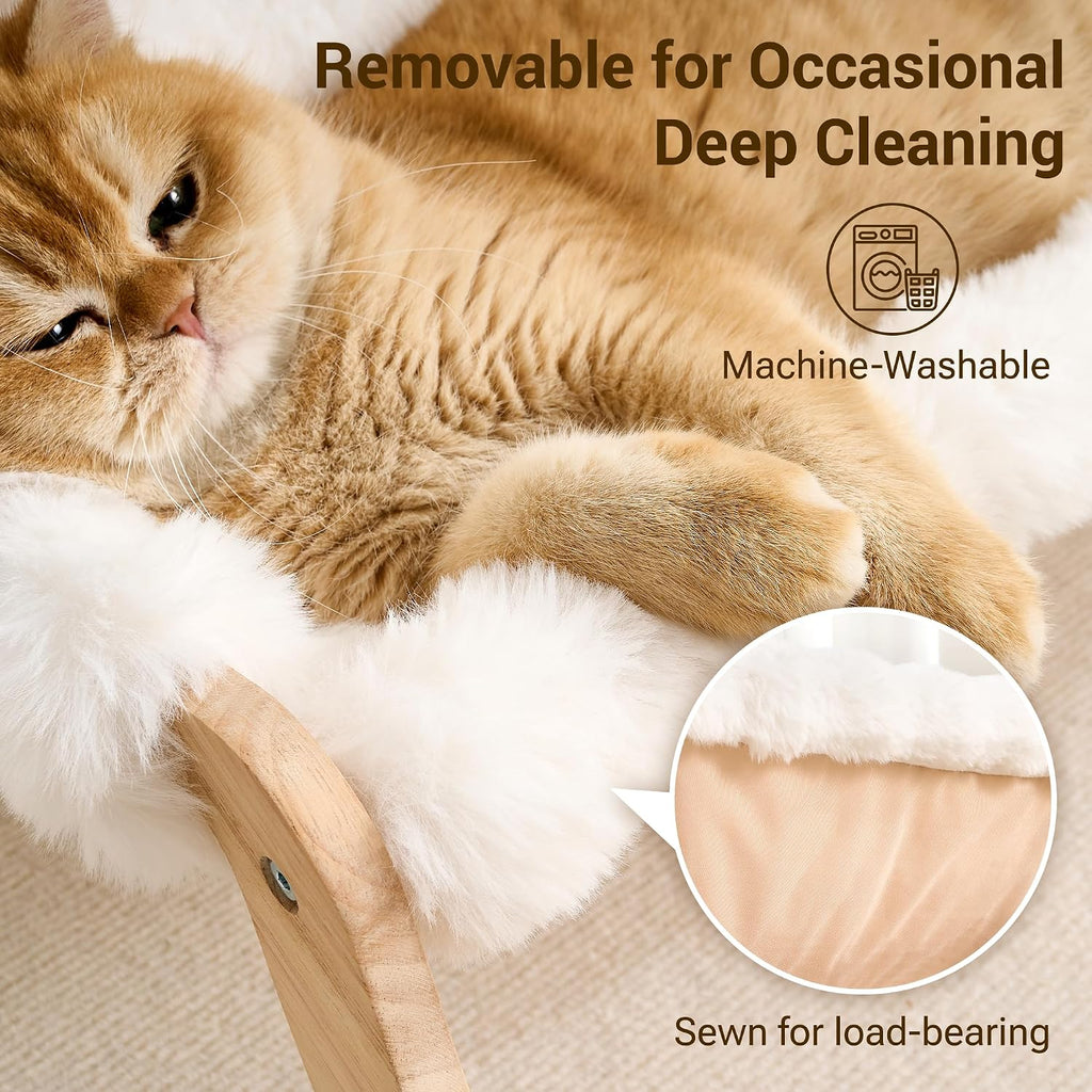 Solid Wood Cat Couch Bed for Indoor Cats, Modern Cat Sofa with Ultra-Soft Plush Surface Washable, Reclined Backrest, Elevated Elevated Cat Lounge Furniture for Small to Adult Pets, Ivory White