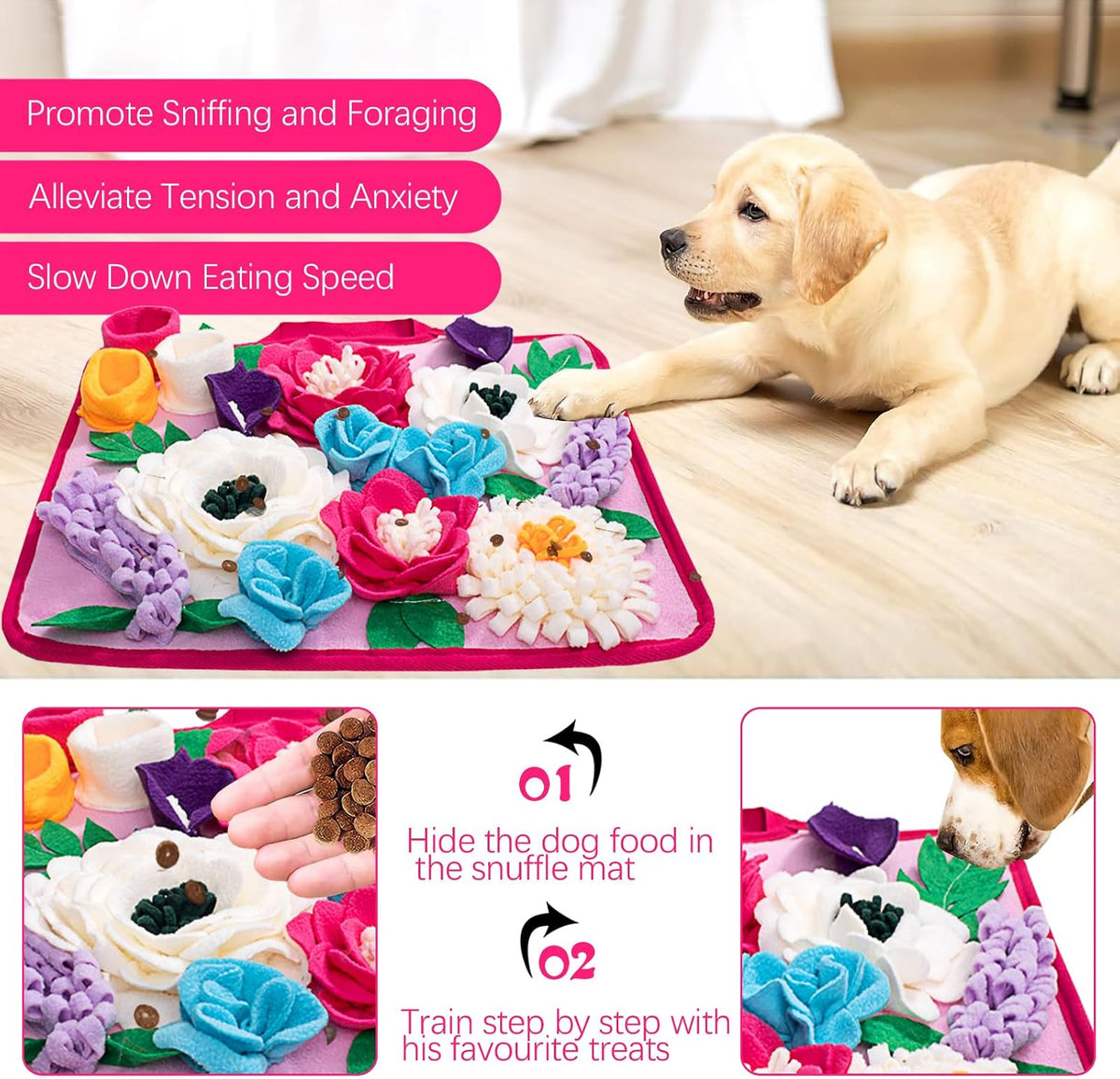 Snuffle Mat for Dogs Pet Treats Feeding Mat for Small/Medium Breed Dogs Non-Slip/Portable/Durable Interactive Dog Puzzle Toys Encourages Natural Foraging Skills (Rose Pink)