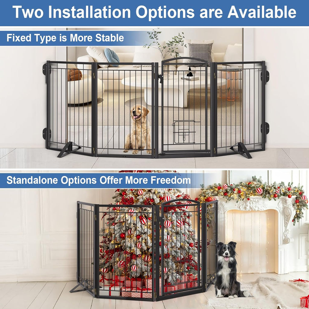 Full Metal Freestanding Dog Gate with Cat Door for Indoor & Outdoor,32" Tall 80" Extra Wide Foldable Dog Fence,Free Standing Pet Gate for Stairs,Porch,Deck,Yard,Doorways(Black)