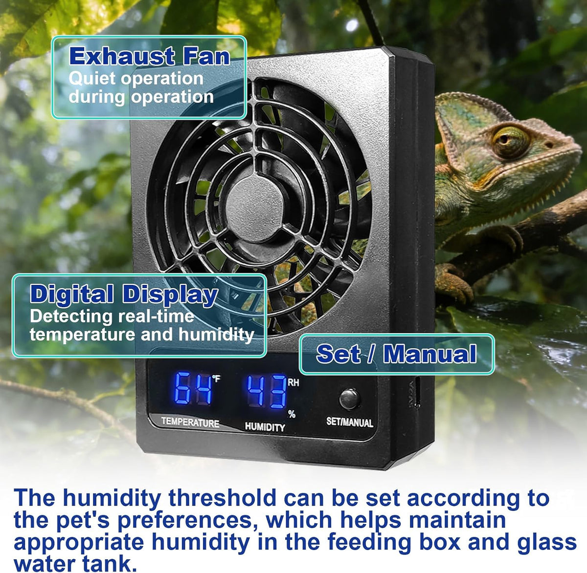 kathson Reptile Ventilation Fan with Humidity Sensor, Reptile Dehumidifier with LED Digital Thermometer for Reptile Enclosure and Terrarium, Terrarium Fan for Snake Bearded Dragon Gecko