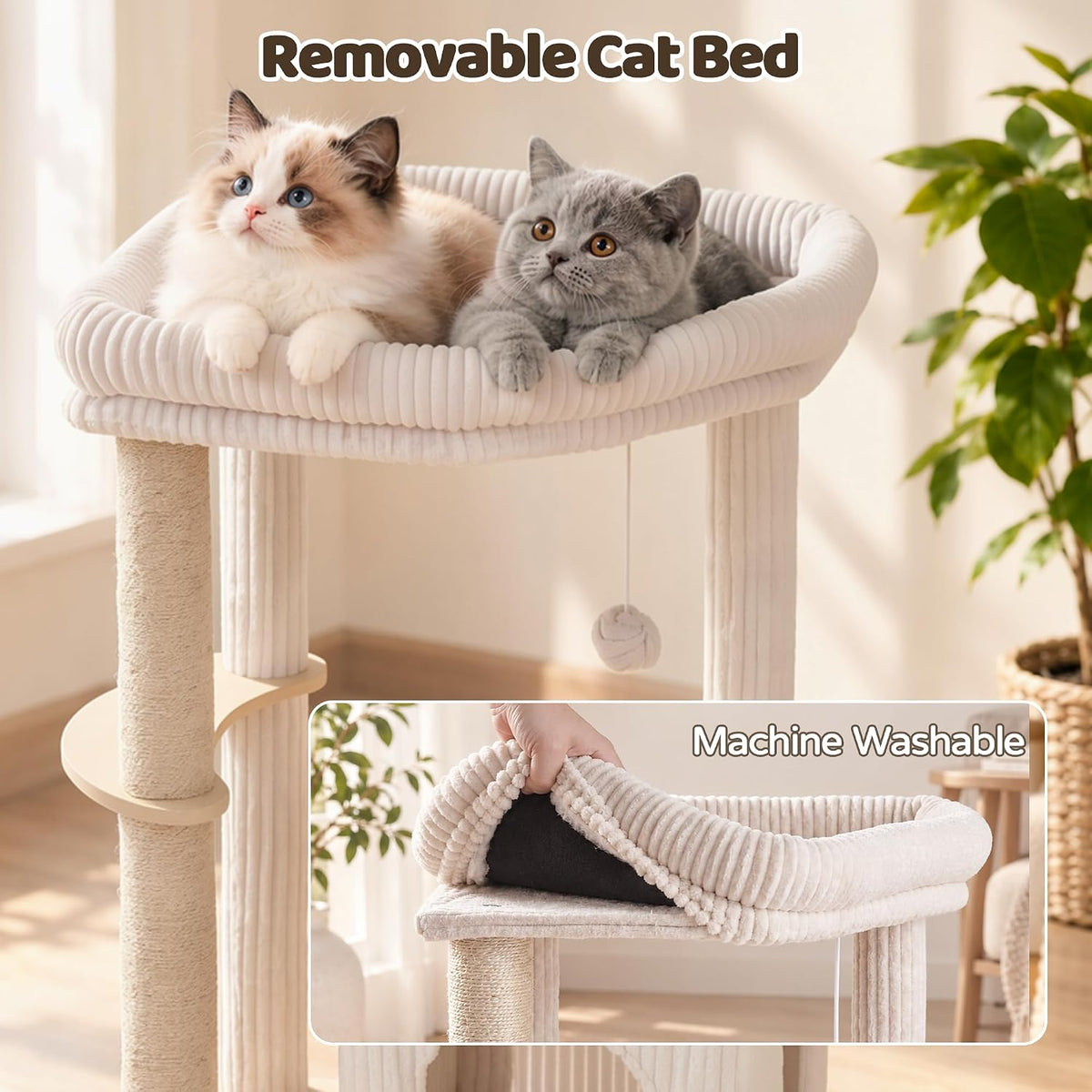Wood Cat Tree for Large Cats, Modern Cat Tower with Condo, Removable Washable Perch Bed for Indoor and Senior Cats, Beige
