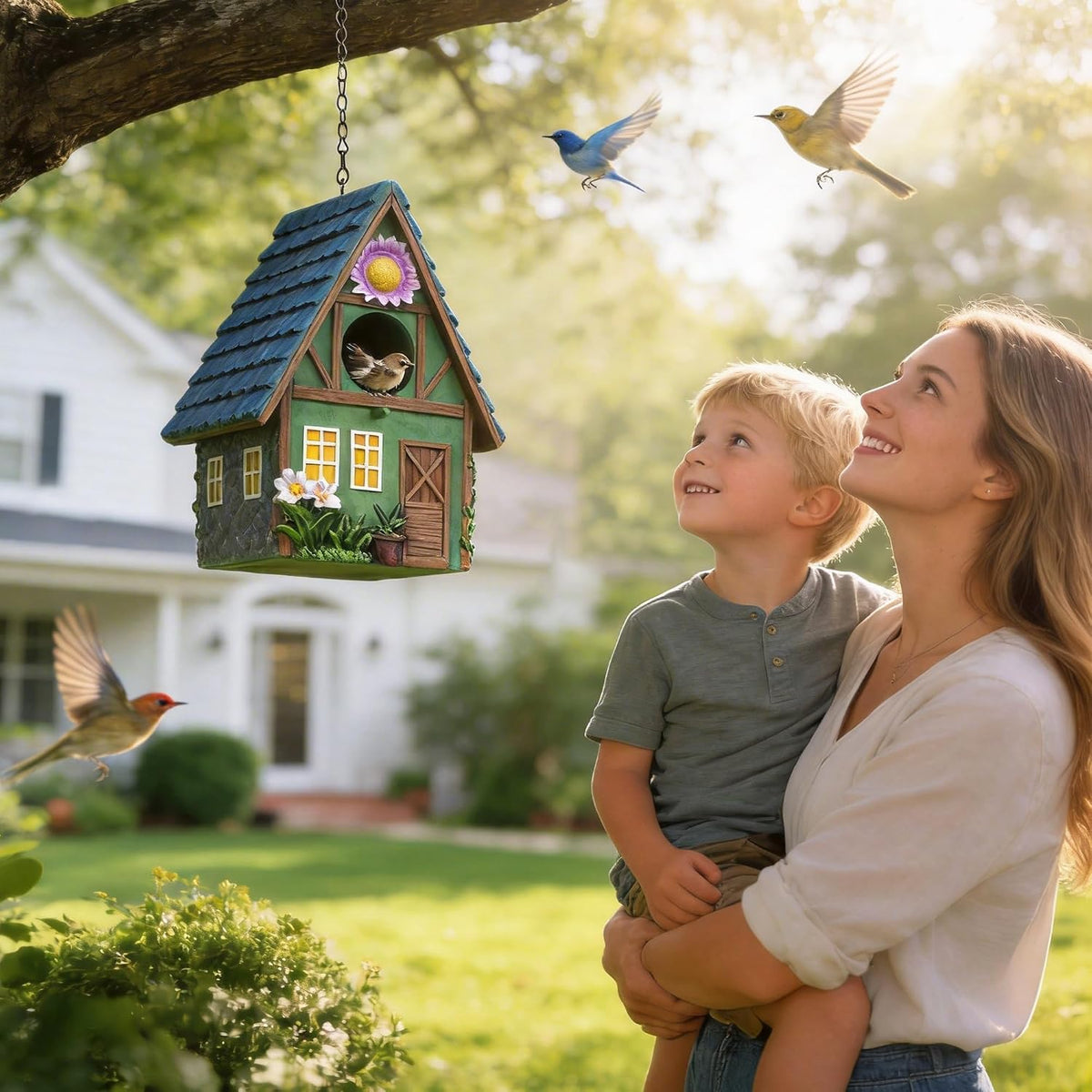 Bird House for Outside, Resin Decorative Birdhouses for Outdoors for Bluebird Finch Cardinals, Bird Nesting Garden, Patio, Yard, Best Birthday Day Gift for Bird Lover Mom