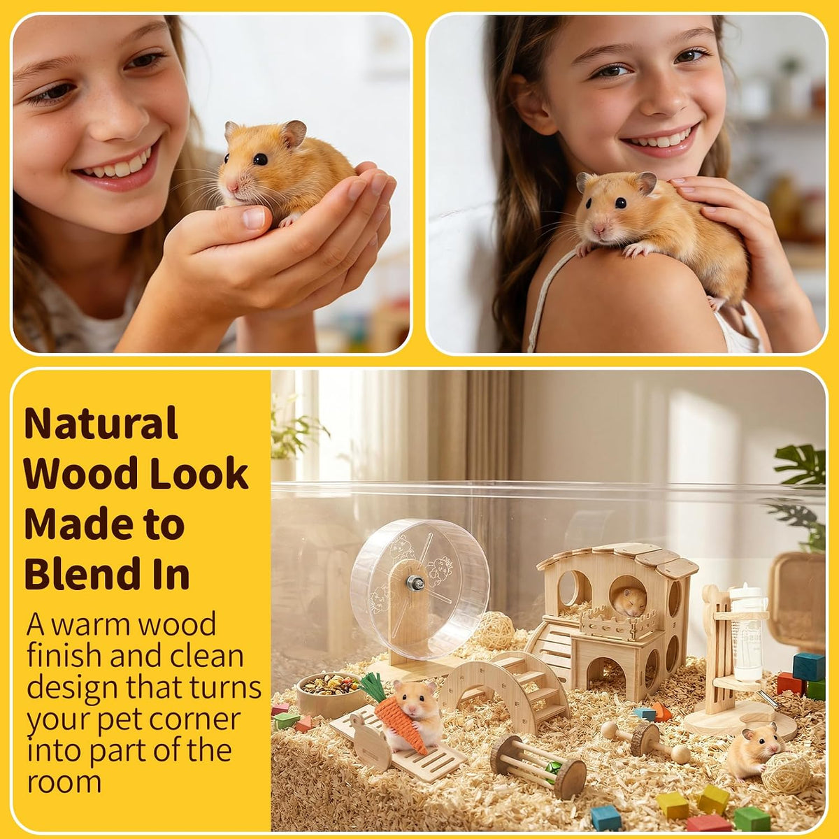 Hamster Cage Accessories Set ，Silent Exercise Wheel, Maze Wooden Hideout, Water Bottle with Holder, Chew Toys & Interactive Platform for Hamsters, Mice, Gerbils (All-in-One Habitat Enrichment Kit)