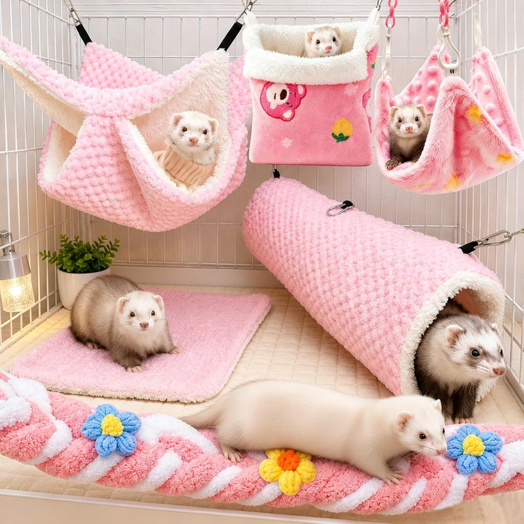 CTTZCKJ Anxiety Relief Ferret Hammock Set with Soft Cage Mat,6 Pcs Pink Sugar Glider Cage Accessories for Rats,Hamster,Guinea Pigs,Chinchilla,Squirrel,Hedgehog,Gerbil,Bunny,Bearded Dragon,Lizard
