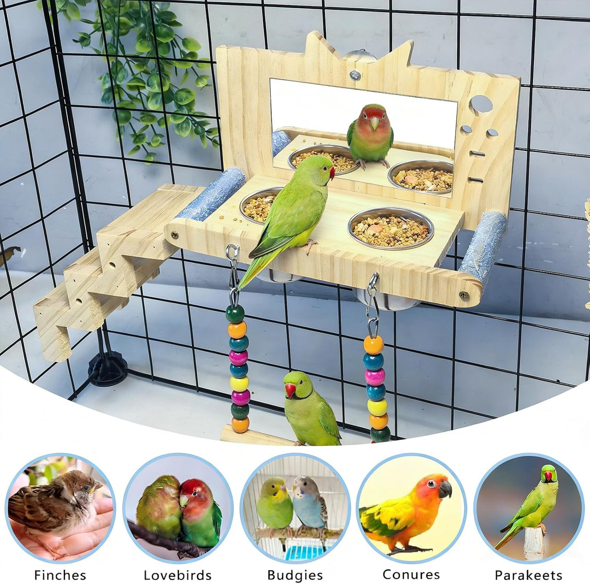 Bird Perch Platform Swing with Mirror Ladder Bowl,Parrot Play Gym Cage Toys