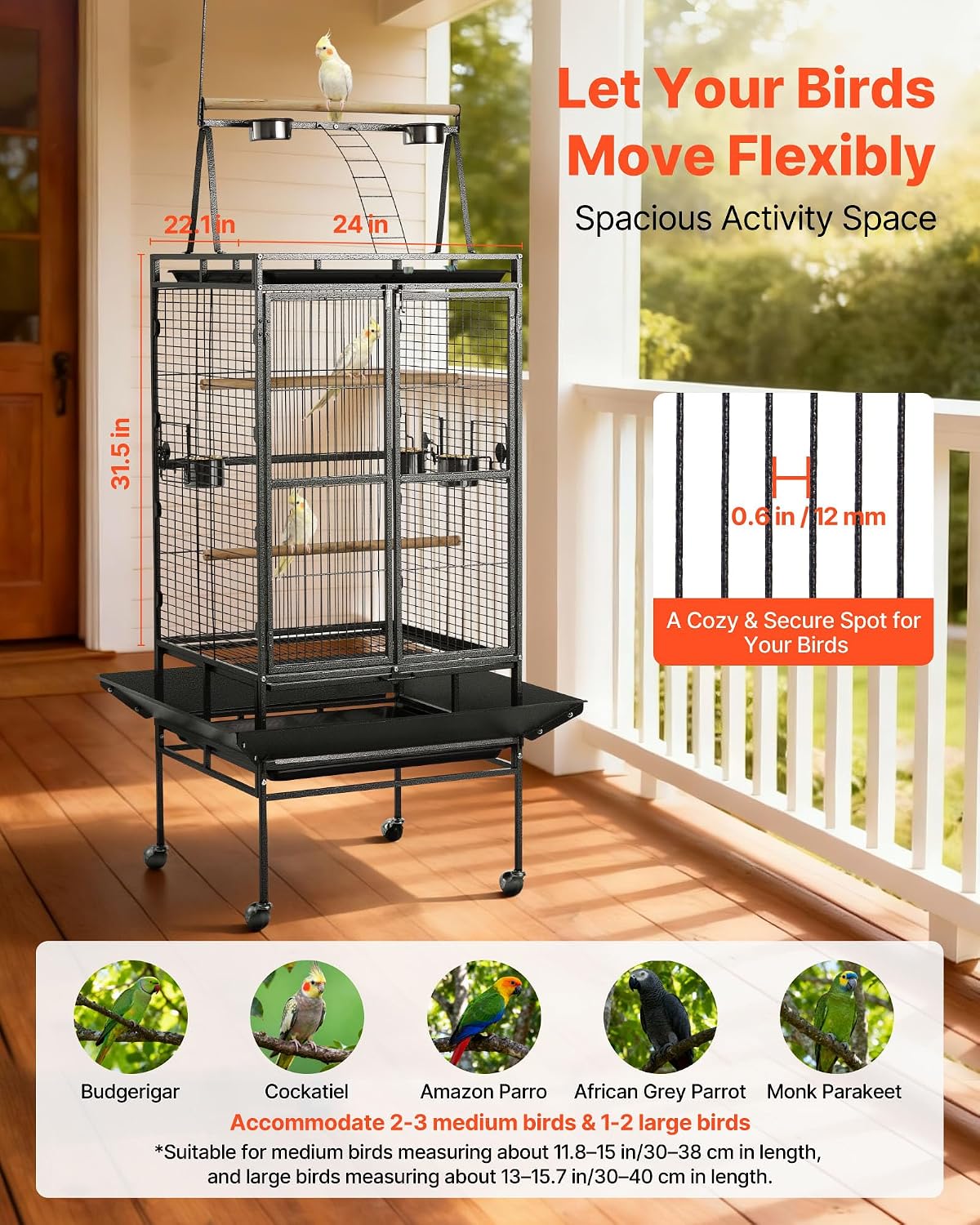 VEVOR Bird Cage, 32.7 x 31.1 x 82.7 inch, Open Flat Top, Wrought Iron Bird Flight Cage with Perches, Slide-Out Tray, Plastic Feeders, for Cockatiel, Monk Parakeet, Amazon Parrot, African Grey Parrot
