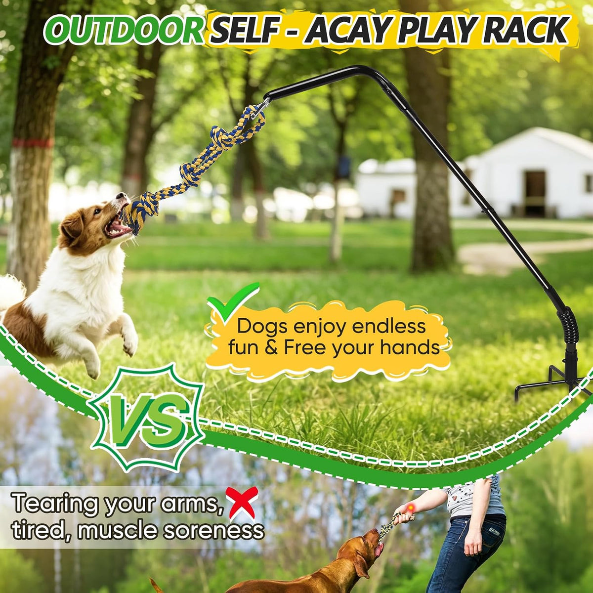 HVDI Tether Dog Toy Rack with 3 Tug Rope Toys, Dog Rope Play Spring Rack and Interactive in Yard, Park, Lawn, Adjustable Height Suitable for Large, Medium, Small Dogs (55 Inches)