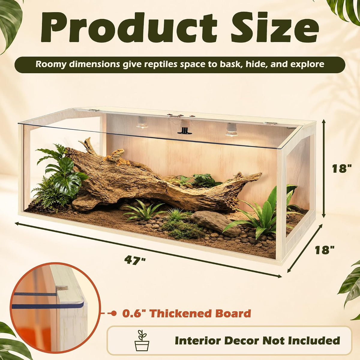 PROLEE Bearded Dragon Tank, Lizard Tank with Clear Tempered Glass, Anti-Scratch Reptile Enclosure, Reptile Tank Built-in Light Fixtures with Switch (47X18X18inch)