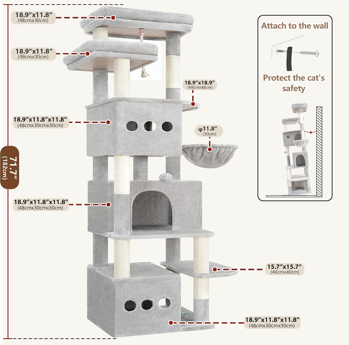 Cat Tree, 71.6'' Tall Cat Tower with 3 Large Cat Condos, GCT800W