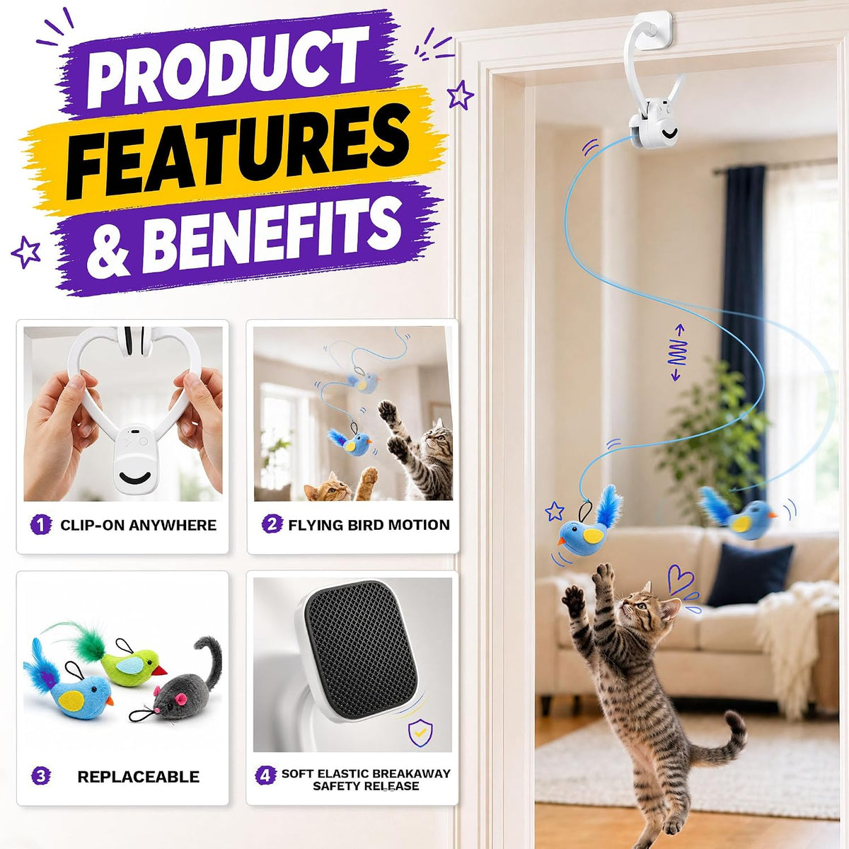 Interactive Cat Toys for Indoor Cats, Clip-On Automatic Flying Bird
