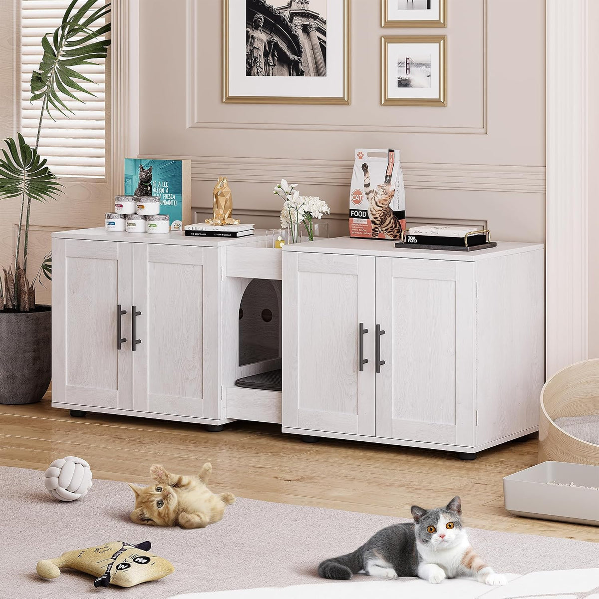 Cat Litter Box Enclosure, 55“ Large Hidden Litter Box Furniture with Double RoomsFarmhouse Wooden Cat Washroom for Bedroom Living Room, White