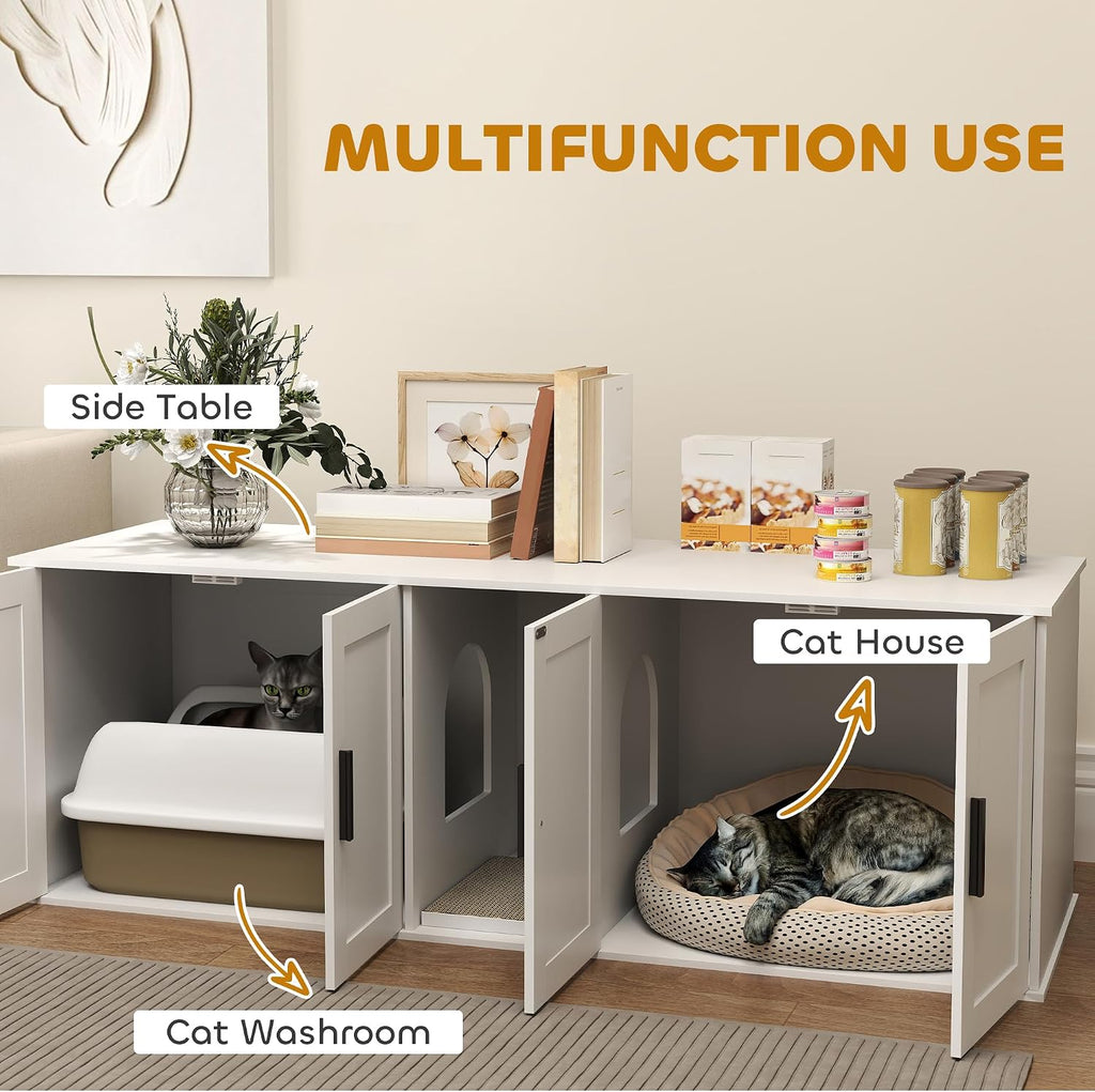 PawHut Cat Litter Box Enclosure for 2 Cats, Hidden Litter Box Furniture with Double Room, Scratching Mat, Kitty Washroom Furniture, 57" x 19" x 20", White