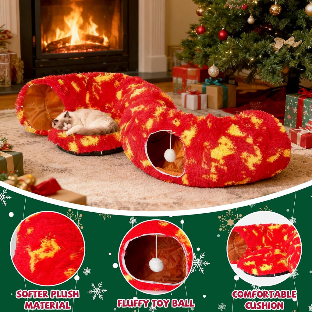 TIMIEEYA Cat Tunnel Christmas Tree Skirt - Christmas Cat Toy Circle Tunnel with Toy Ball, Soft Plush Multifunctional Decorative Cats Tunnels Bed for Indoor Cats(Red)