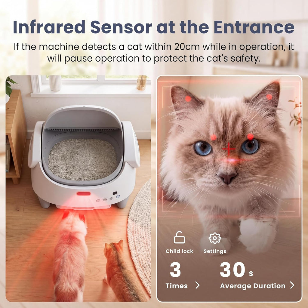 Automatic Cat Litter Box, Self-Cleaning Cat Litter Box with Open-Top Design, 15-Layer Safety Protection & Smart App Control, Adjustable Entry Height, Large Capacity Sealed Waste Bin for Multi-Cats