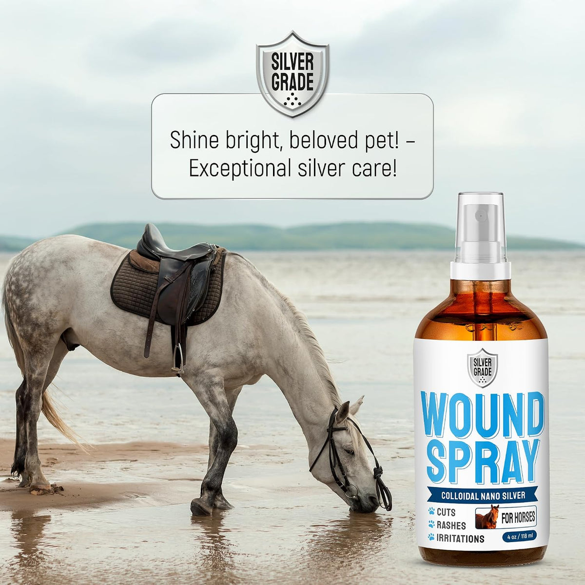 Horse Wound Care Spray with Silver – for Insect & Fly Bites, Hot Spots, Scratches & Itchy Skin – Supports Quick Healing of Cuts, Abrasions & Rain Rot Treatment for Horses – Equine Healing Aid – 4 Oz
