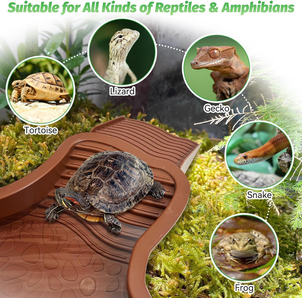 PINVNBY Large Reptile Bathing Pool Tortoise Water Dish with Removable Ramp and Leaf Reptile Food Dish & Water Bowl Tortoise Habitat Accessories for Turtle Lizard Gecko Snake (Red)