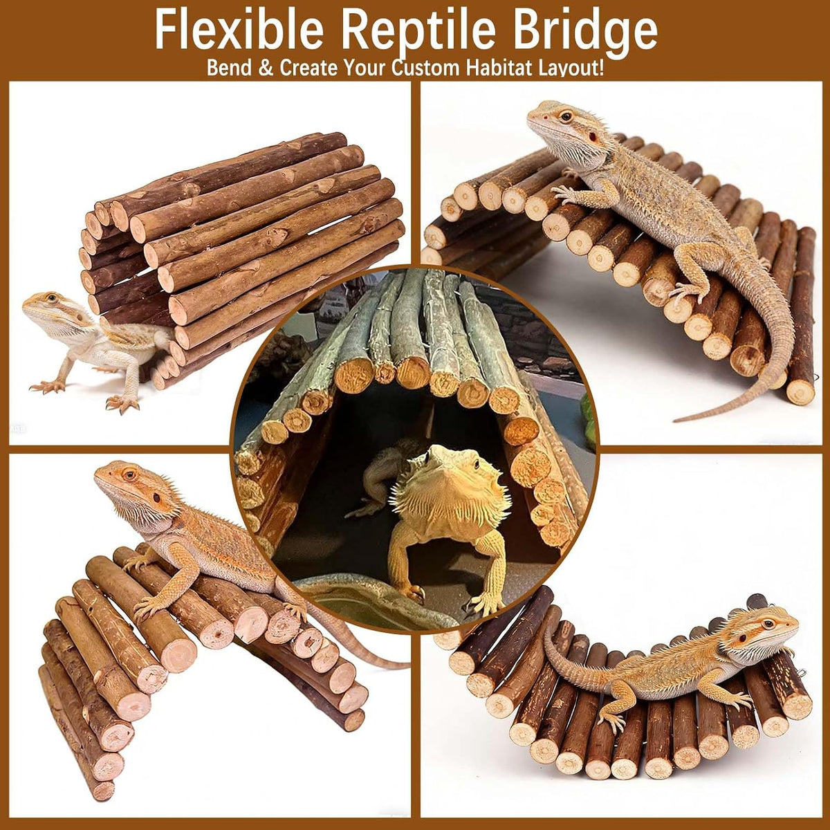 BNOSDM 2PCS Reptile Hideout Wooden Bridge 12.99"x 18.89" Lizard Hide Caves Bearded Dragon Habitat Accessories for Gecko Snake Frog Chameleon Iguana Tortoise