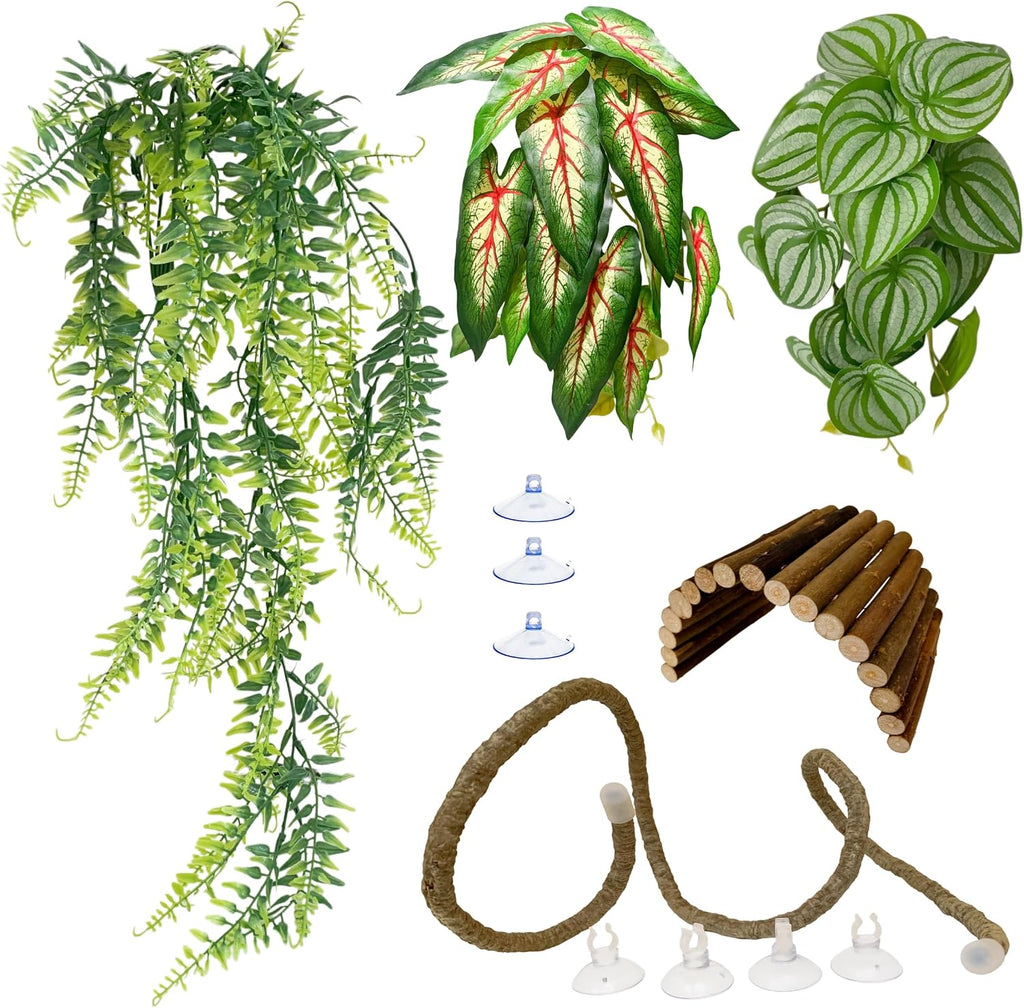 4 Piece Artificial Reptile Terrarium Plants and Vine Decor Kit