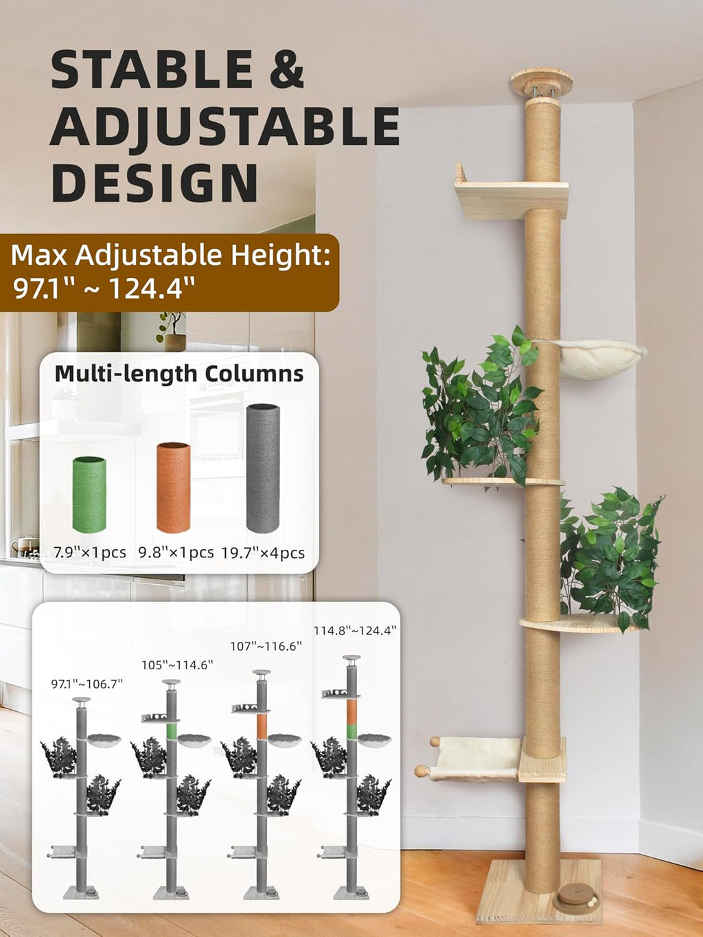 Floor to Ceiling Cat Tree Adjustable 97-124'' Tall for Indoor Cats