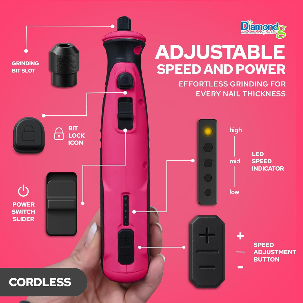 Diamondg Cordless Dog Nail Grinder - Quiet Sound with LED Light, Pink