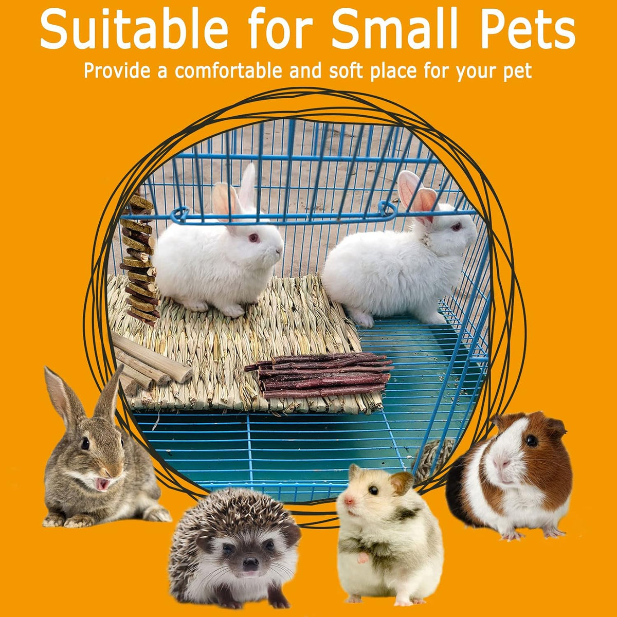 Bunny Grass Bed Mat 18Pcs Rabbit Chew Toys Set Hand-Made Woven Hay Mat