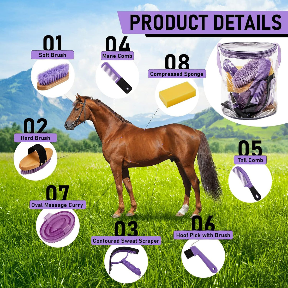 Cunhill 9 Pcs Horse Grooming Kit Tack Room Supplies, Cute, Purple