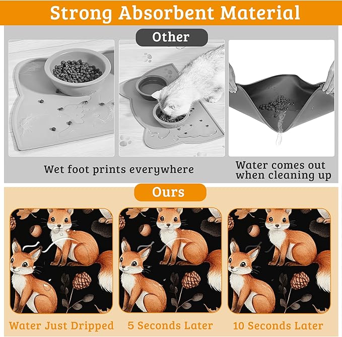 Cute Squirrel Dog Cat Food Mat, Bird Fox Absorbent Waterproof Placemat - Image 3