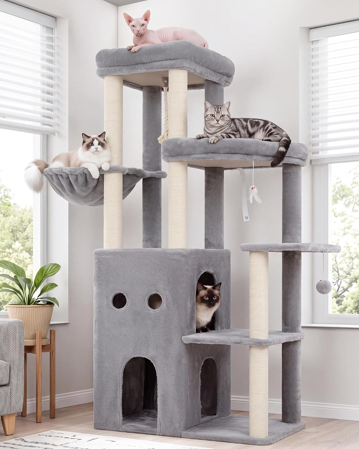 Heybly Cat Tree, 59.4" Secure Anti-Tip Cat Tower for Large Cats HCT055W