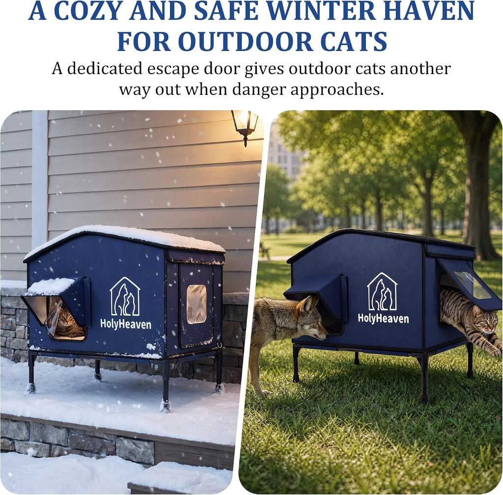 Extra Large PU Leather Heated Cat House for Outside, Waterproof Cat Houses for Outdoor Cats with Heating Pad & Escape Door, Elevated Feral Cat House for Outdoor Cats, 28 x 23 x 19 in (Blue)