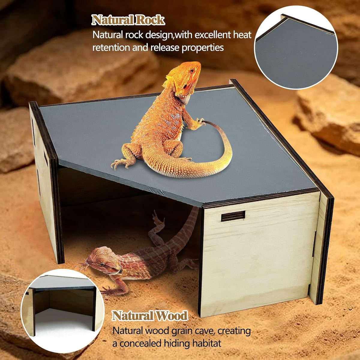 Tfwadmx Bearded Dragon Basking Platform with Hideout Wooden Lizard Hideout Reptile Slate Rocks Basking Platform with Hiding Cave Tank Accessories for Lizards Snakes Tortoise