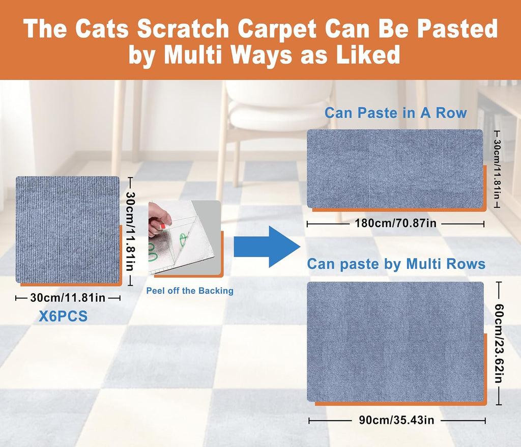 Self-Adhesive Cat Scratching Mat, Trimmable Cat Scratcher Carpet Furniture Protector Pads for Sofa, Door, Cat Climbing Wall Scratch Mat, Couch Guards Pad from Cats Claws, 6PCS 11.8*11.8" (Light Grey)