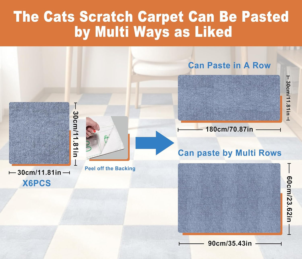 Self-Adhesive Cat Scratching Mat, Trimmable Cat Scratcher Carpet Furniture Protector Pads for Sofa, Door, Cat Climbing Wall Scratch Mat, Couch Guards Pad from Cats Claws, 6PCS 11.8*11.8" (Light Grey)