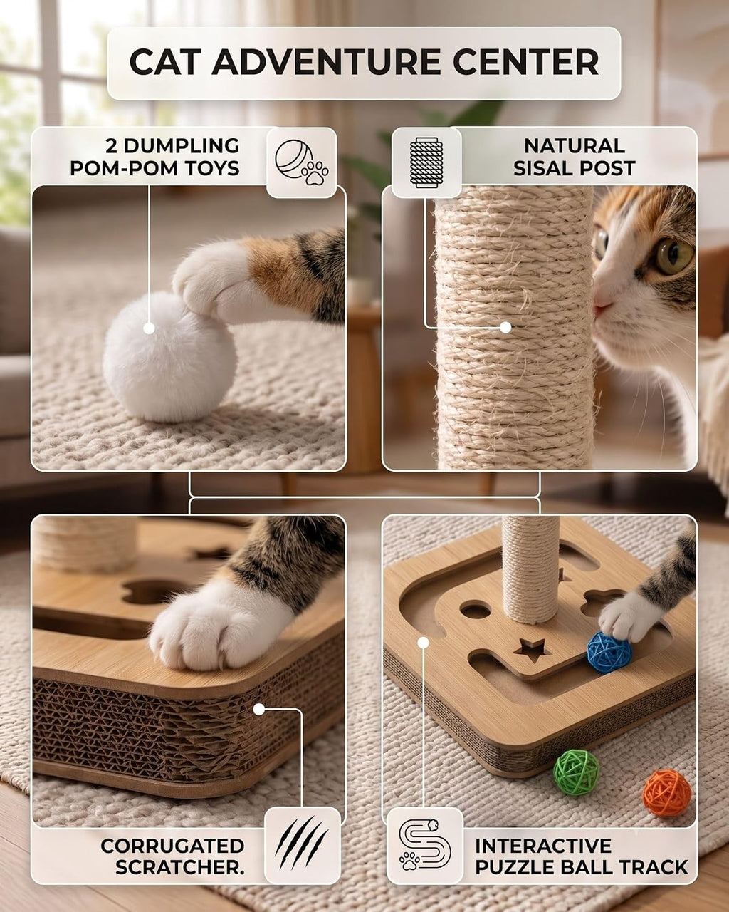 3-in-1 Interactive Cat Toy & Durable Sisal Scratching Post