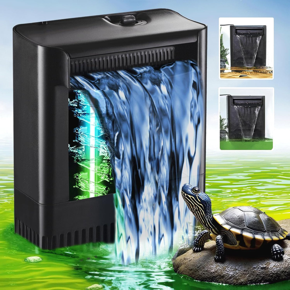 Large Powerful Turtle Tank Filter U V-ery for 40-155 Gal, Low Water Filter Turtle Water Filter for Amphibians Frog Fish Fresh Saltwater Cloudy Green Water Crystal Clear with Turtle Tank Deodorization