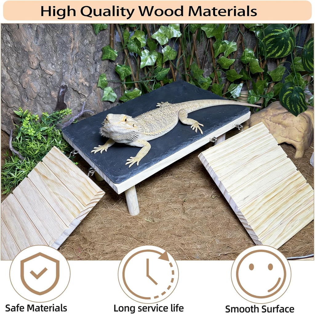 Bearded Dragon Basking Platform with Climbing Ramp & Reptile Decor Rock
