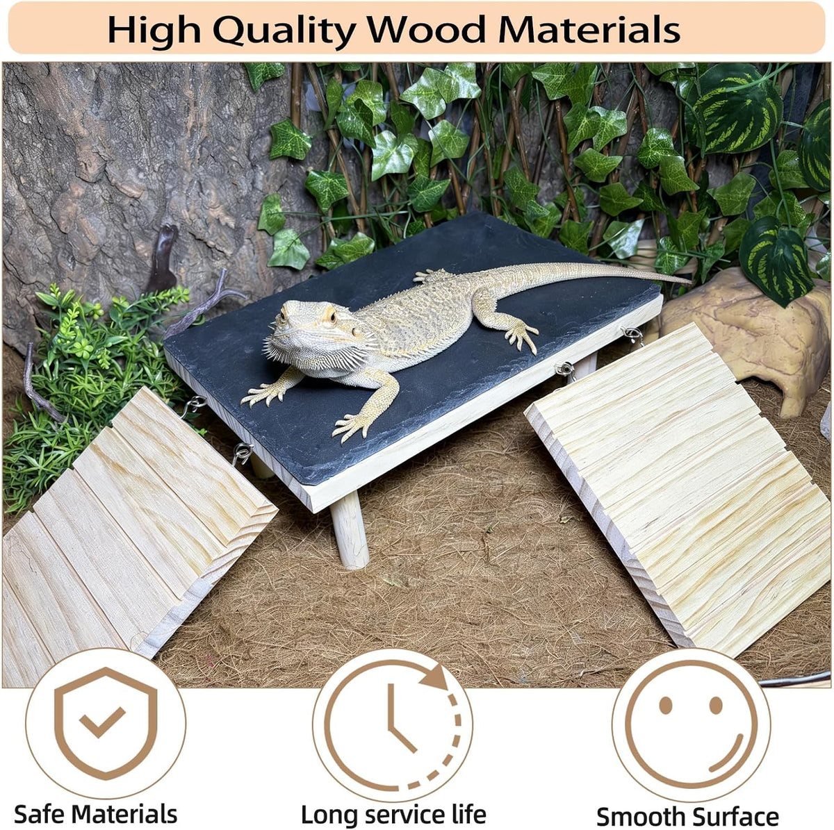 Bearded Dragon Basking Platform with Climbing Ramp & Reptile Decor Rock