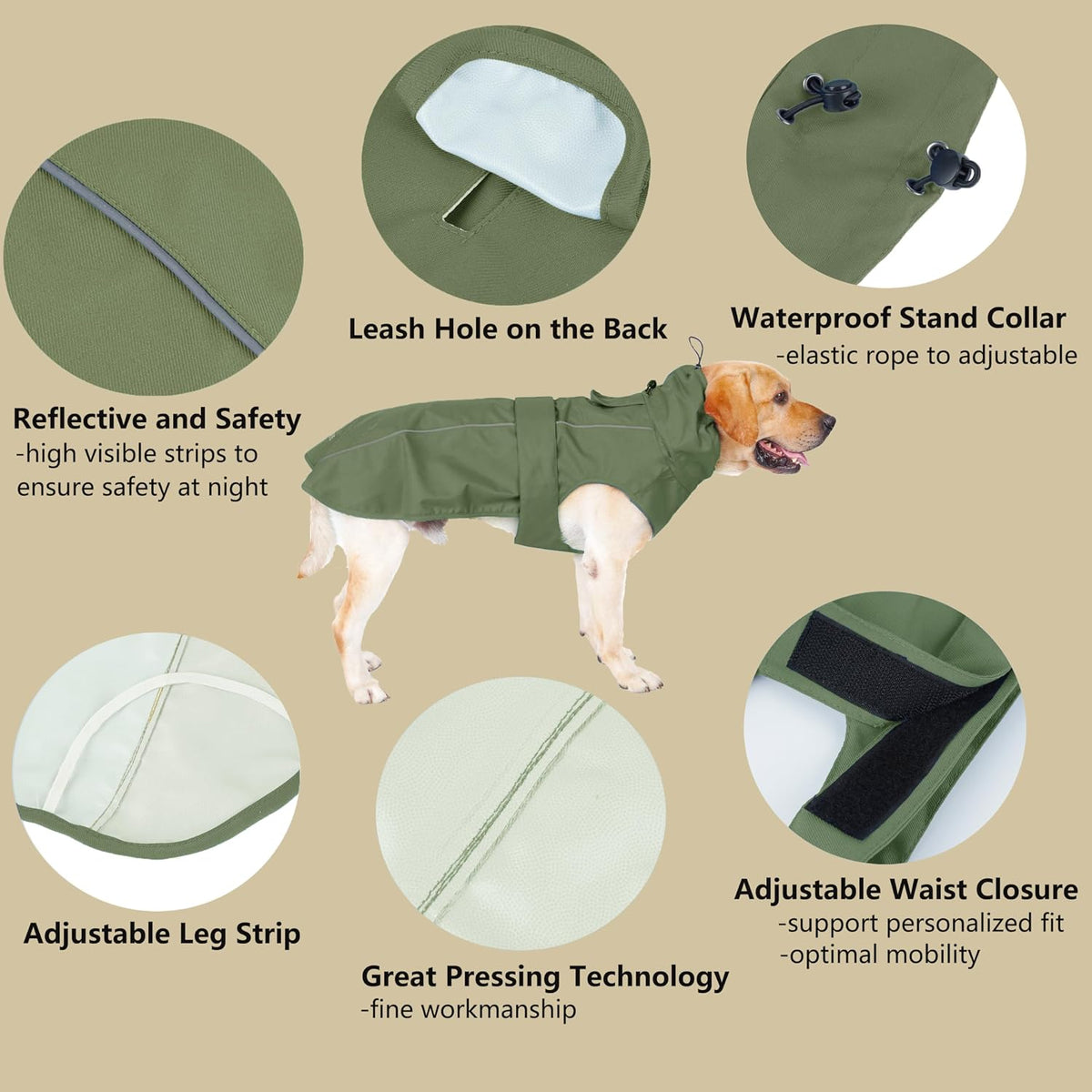 Adjustable Waterproof Dog Raincoat for Dogs,Lightweight Pet Rain Jacket Puppy Clothes with Reflective Strip for Small Medium Large Dogs (Army Green, Small)